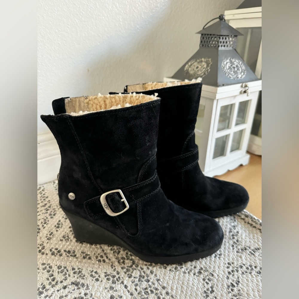 UGG Women's Black Suede Wedge Boots with Buckle